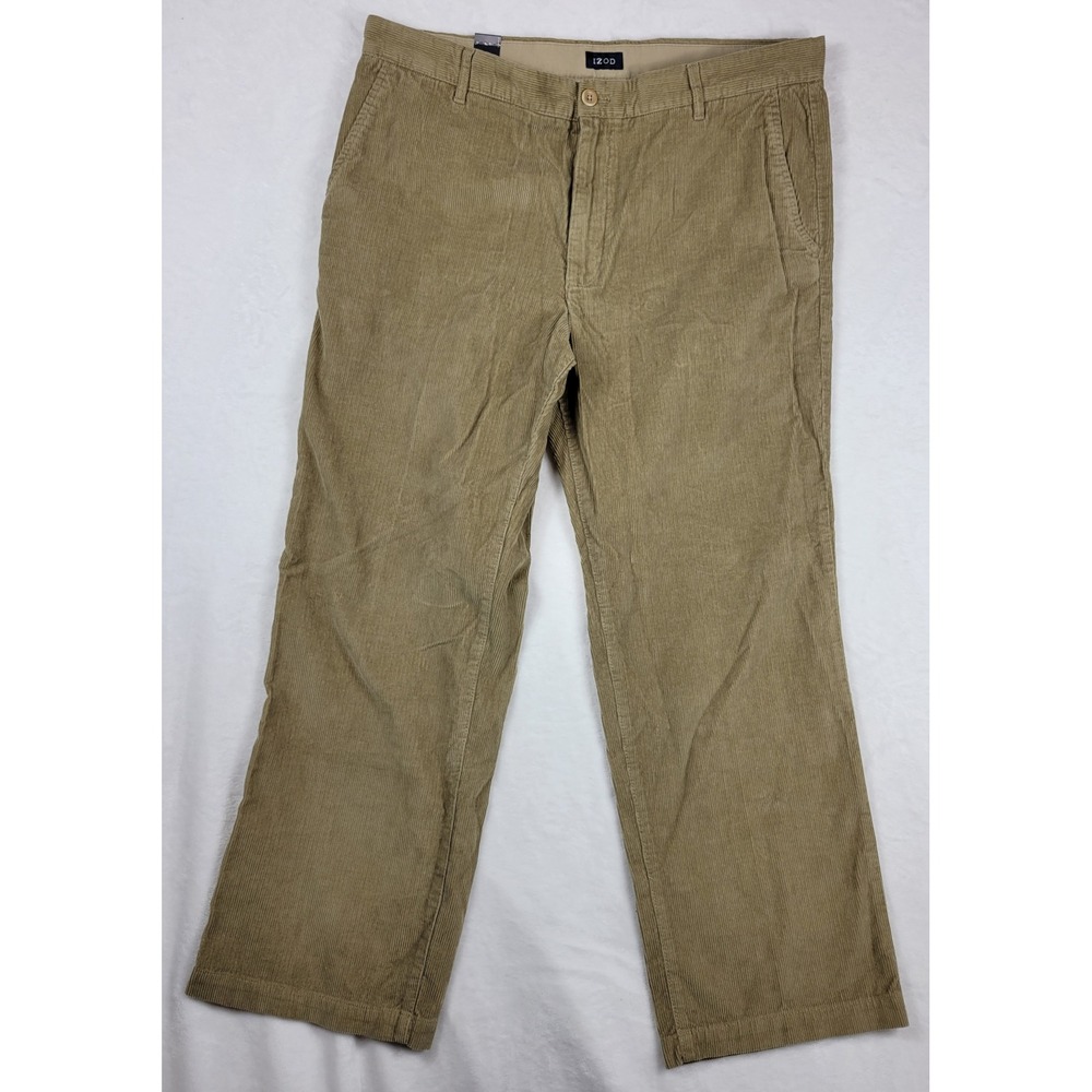 IZOD Men's Straight Leg Tailgate Corduroy Casual Pants Flat Front 38x30‎ Tan NWT